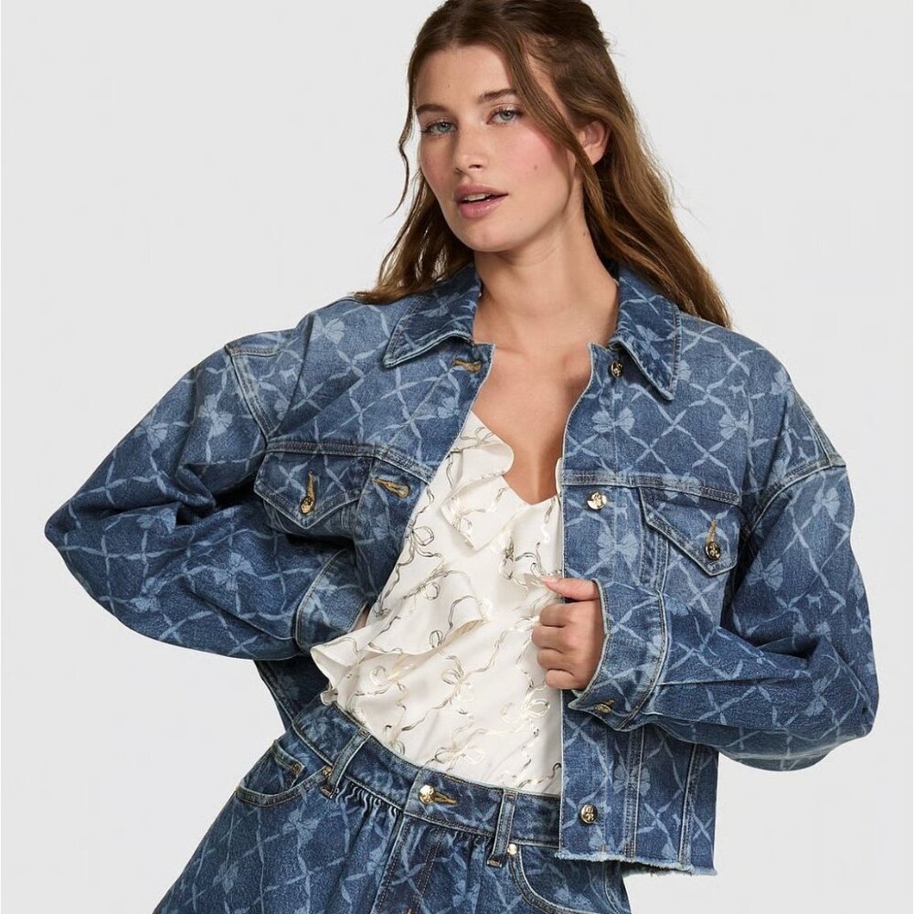 PINK X LoveShackFancy Cropped Denim Jacket NWT, Large